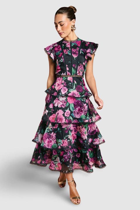 Lace Trim Tiered Organza Midi Dress