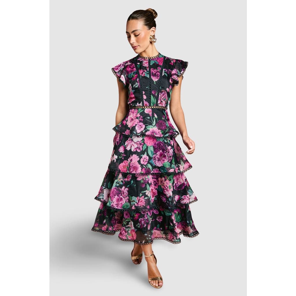 Coast Lace Trim Tiered Organza Midi Dress In Multi