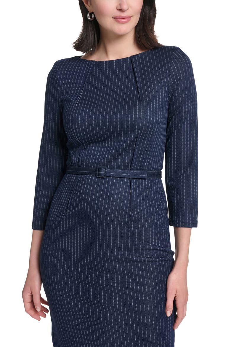 Tailored Belted Sheath Dress, Alternate, color, INDIGO/ PLATINUM