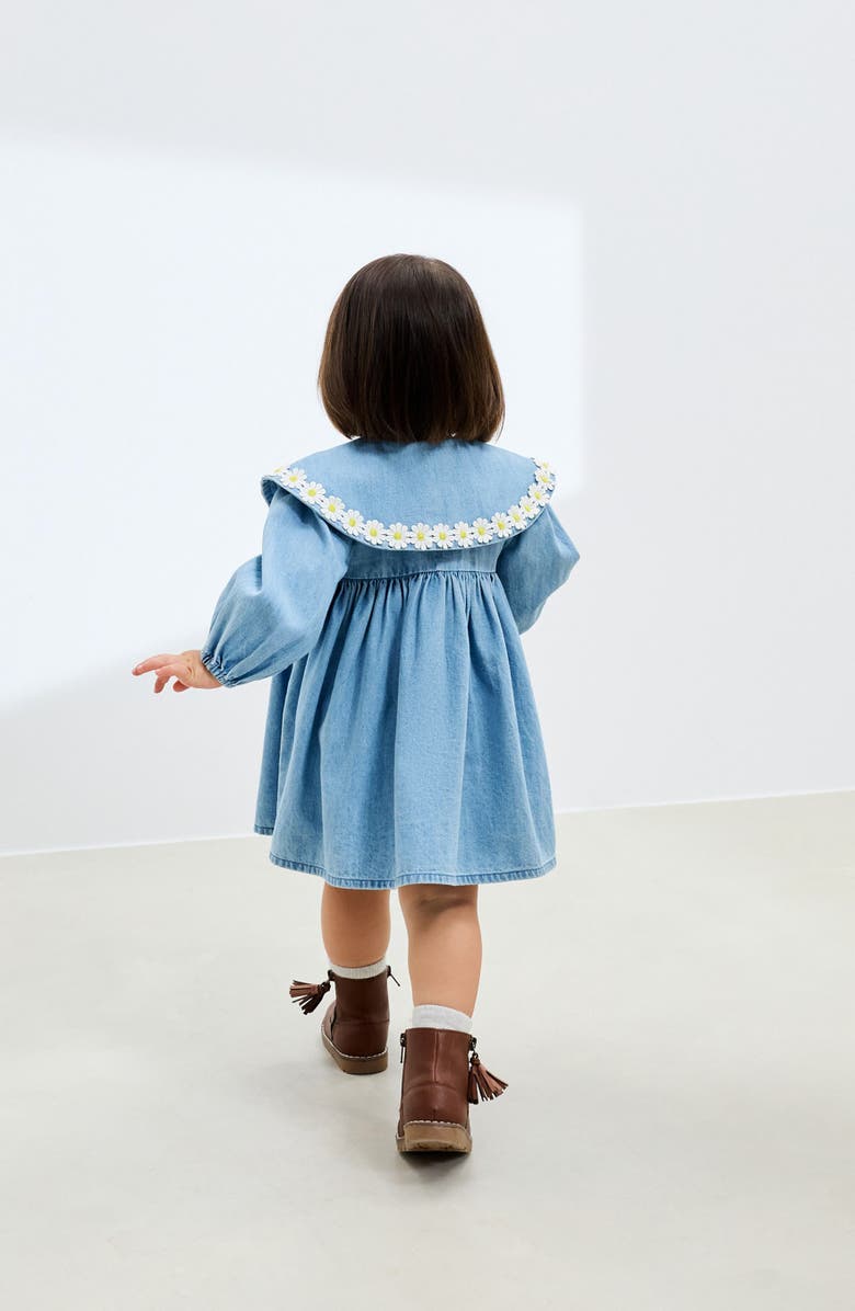 NEXT Kids' Daisy Embroidered Long Sleeve Denim Dress, Alternate, color, Blue