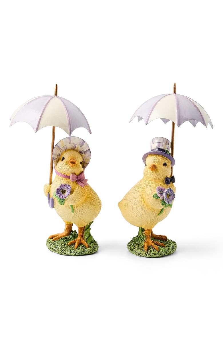 MACKENZIE CHILDS Pansy Party Umbrella Chicks Set of 2 Figurines, Main, color, Yellow
