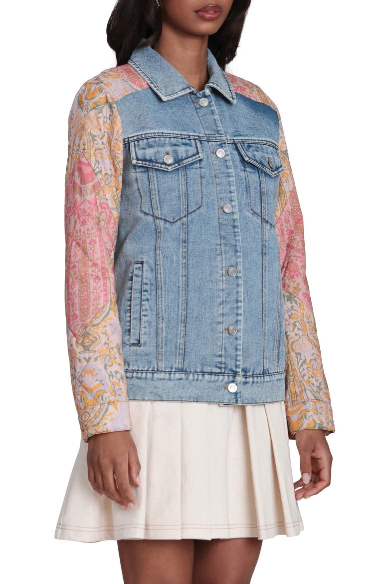 Mixed Media Denim Trucker Jacket, Alternate, color, LIGHT BLUE/ ORANGE MULTICOLOR