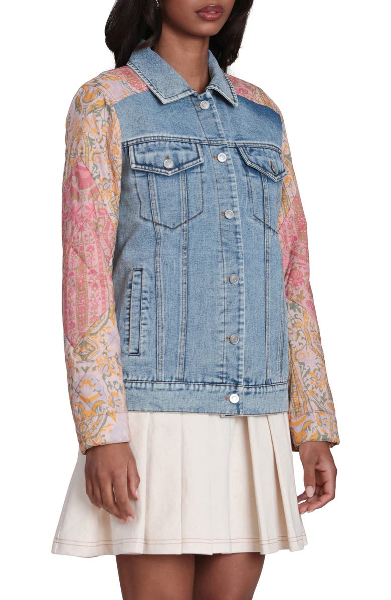 Avec Les Filles Mixed Media Denim Trucker Jacket, Alternate, color, Light Blue/ Orange Multicolor