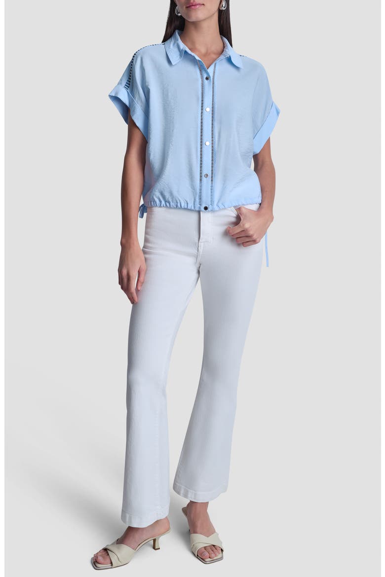 Ladder Lace Detail Short Sleeve Button-Up Shirt, Alternate, color, LIGHT BLUE