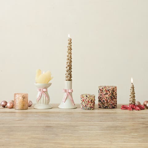 Stoneware Pillar Holder with Bow