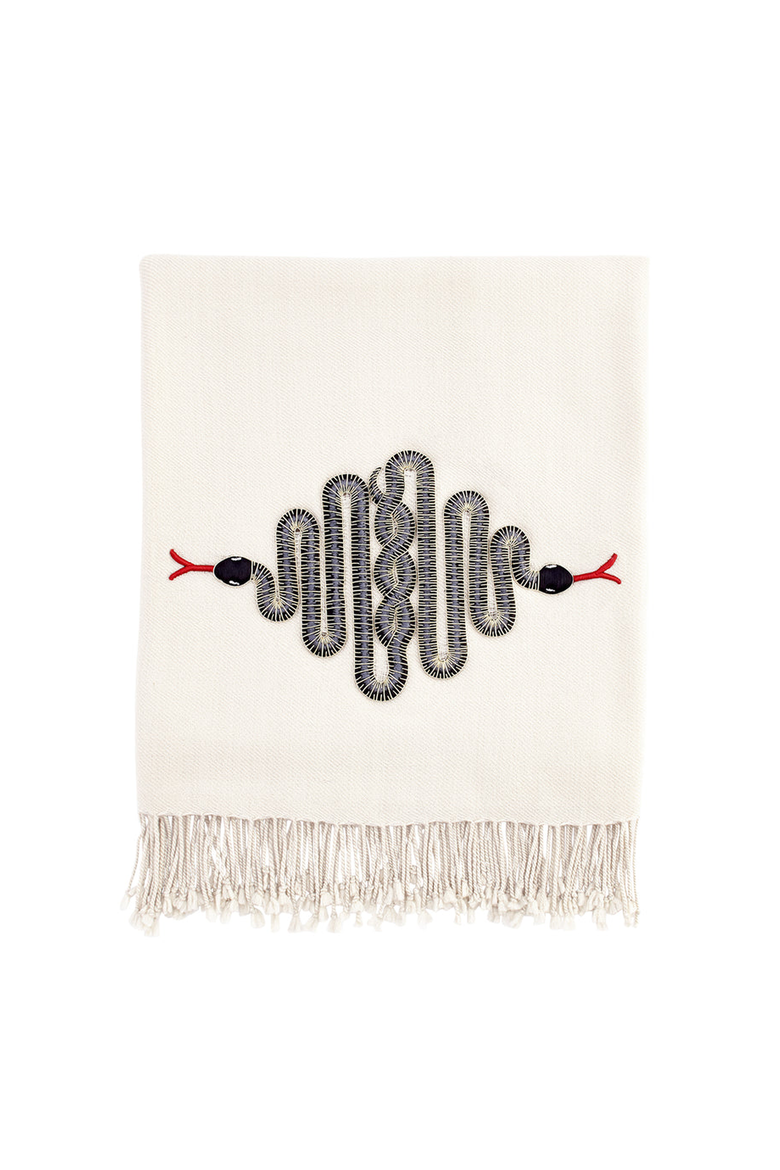 Snake Embellished Throw Blanket, Main, color, Off-White / Black