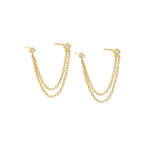 CZ Square Bezel Double Chain Drop Earring