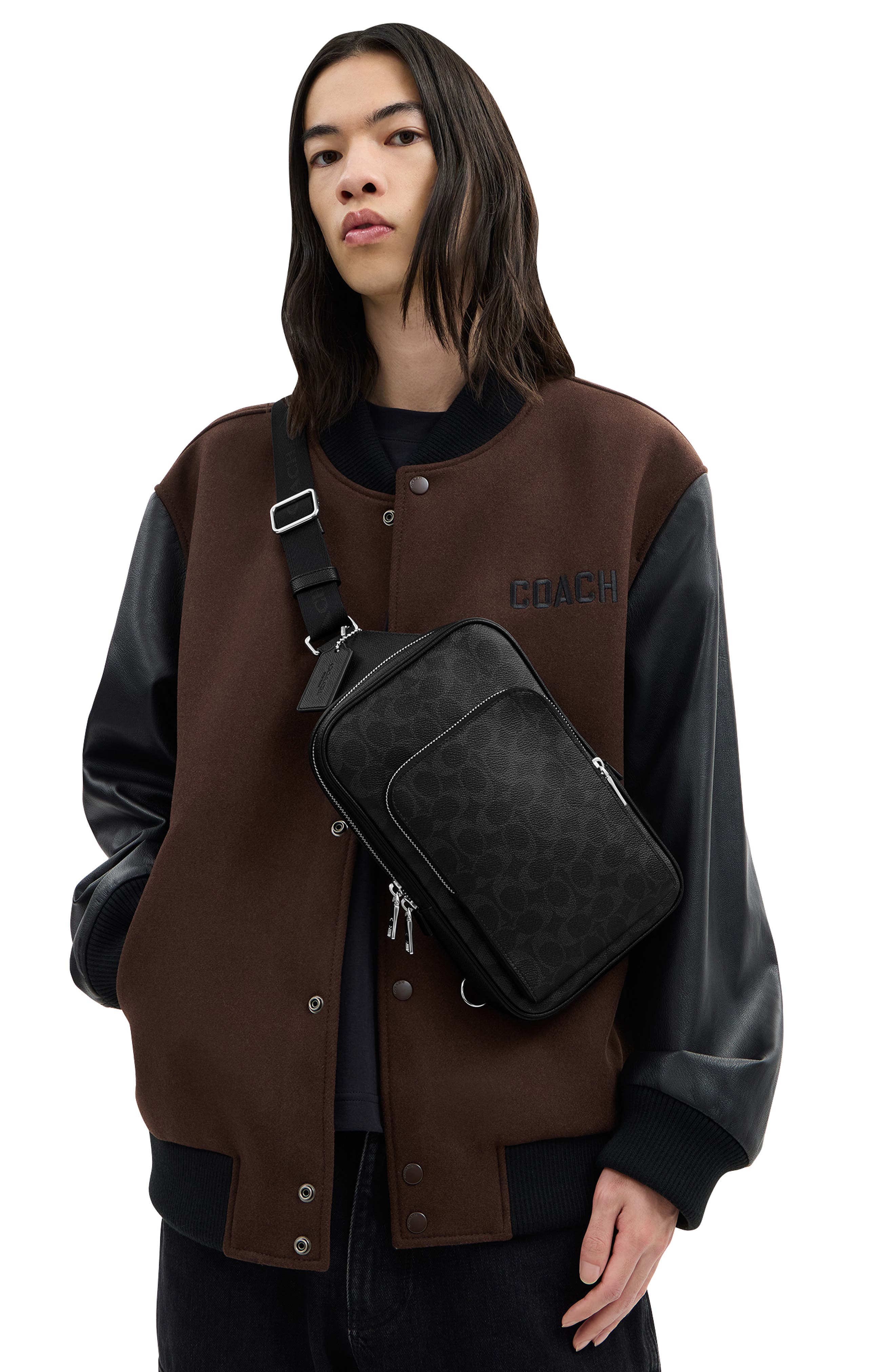 COACH Felix Signature Coated Canvas & Leather Sling Bag, Alternate, color, Black Signature