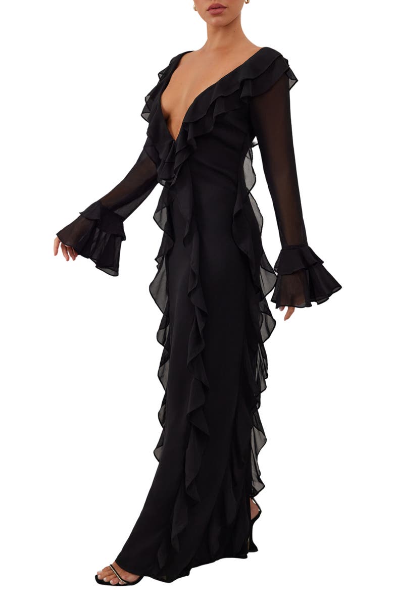 HEIRESS BEVERLY HILLS Ruffle Plunge Long Sleeve Mesh & Chiffon Maxi Dress, Alternate, color,
