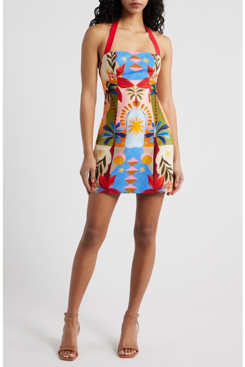 Keely Mixed Print Linen Blend Halter Neck Dress, Main, color, BRIGHT HAVANA