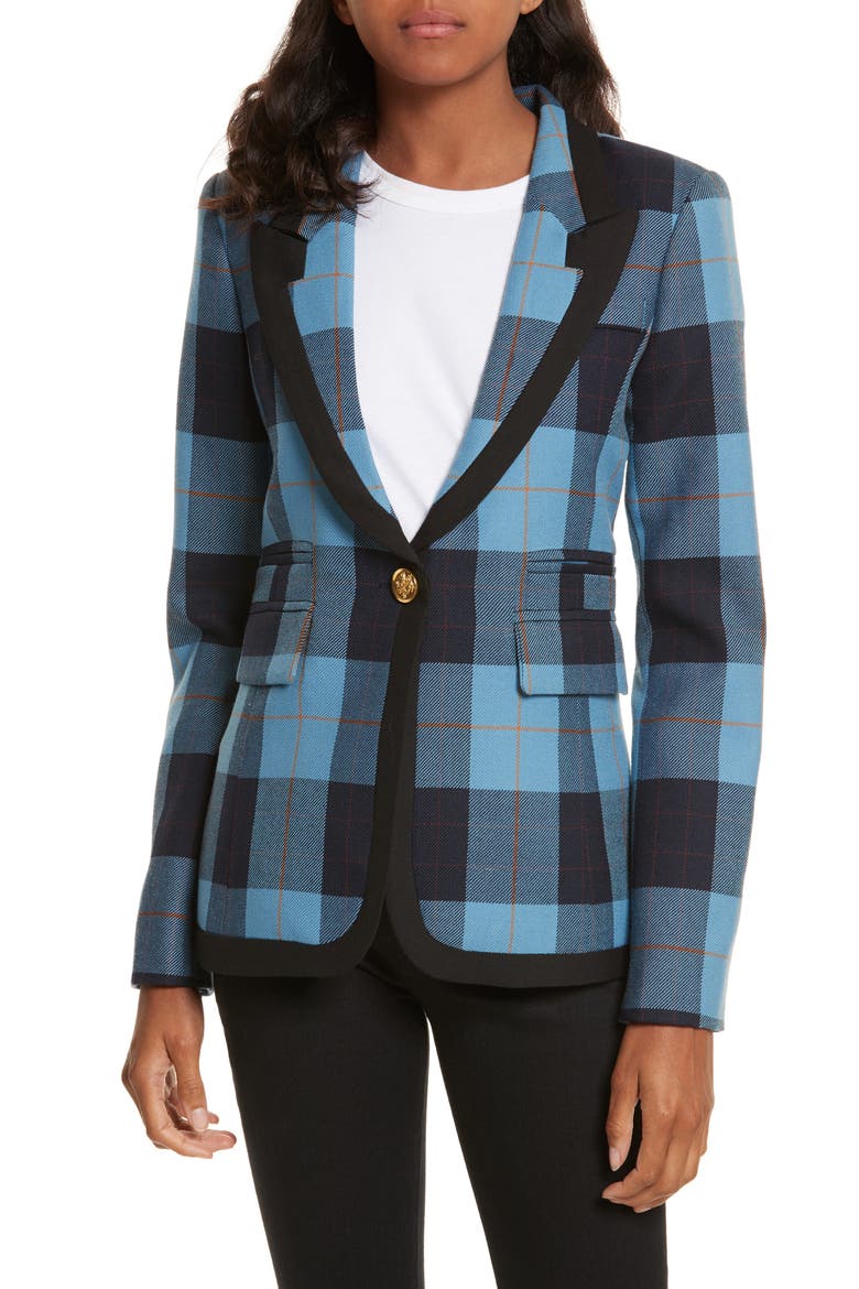 Taped Peak Lapel Plaid Blazer, Main, color, BLUE PLAID W/ BLACK