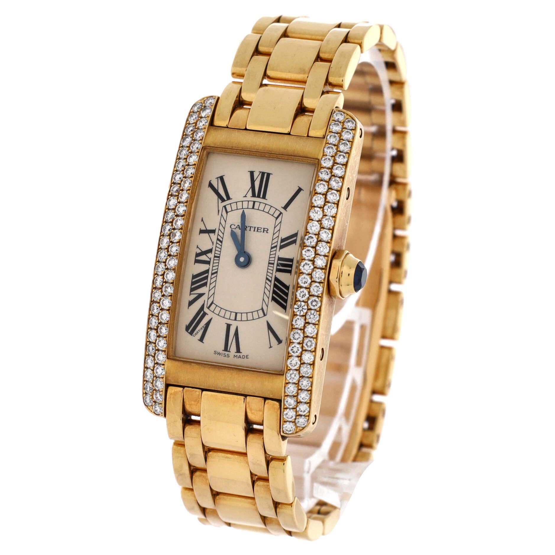 Tank Americaine Quartz Watch Yellow Gold with Two Row Diamond Bezel 19, Alternate, color, Metallic Gold