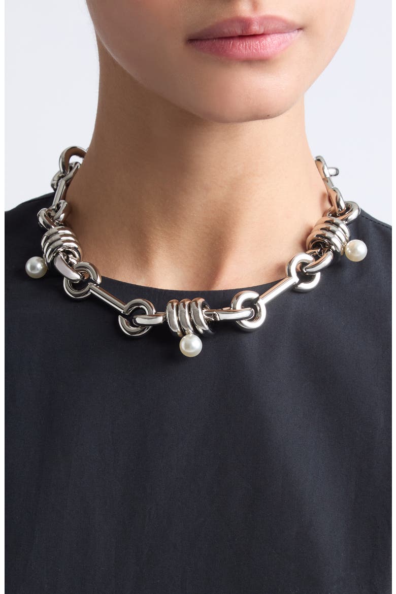 Stacked Link Faux Pearl Chain Necklace, Alternate, color, PALLADIUM/ PEARL