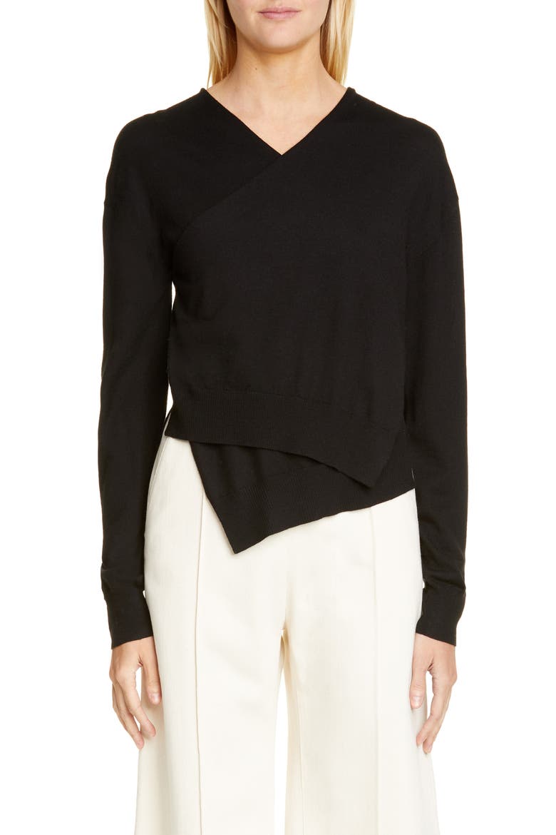 Wrap Front Merino Wool Sweater, Main, color, BLACK