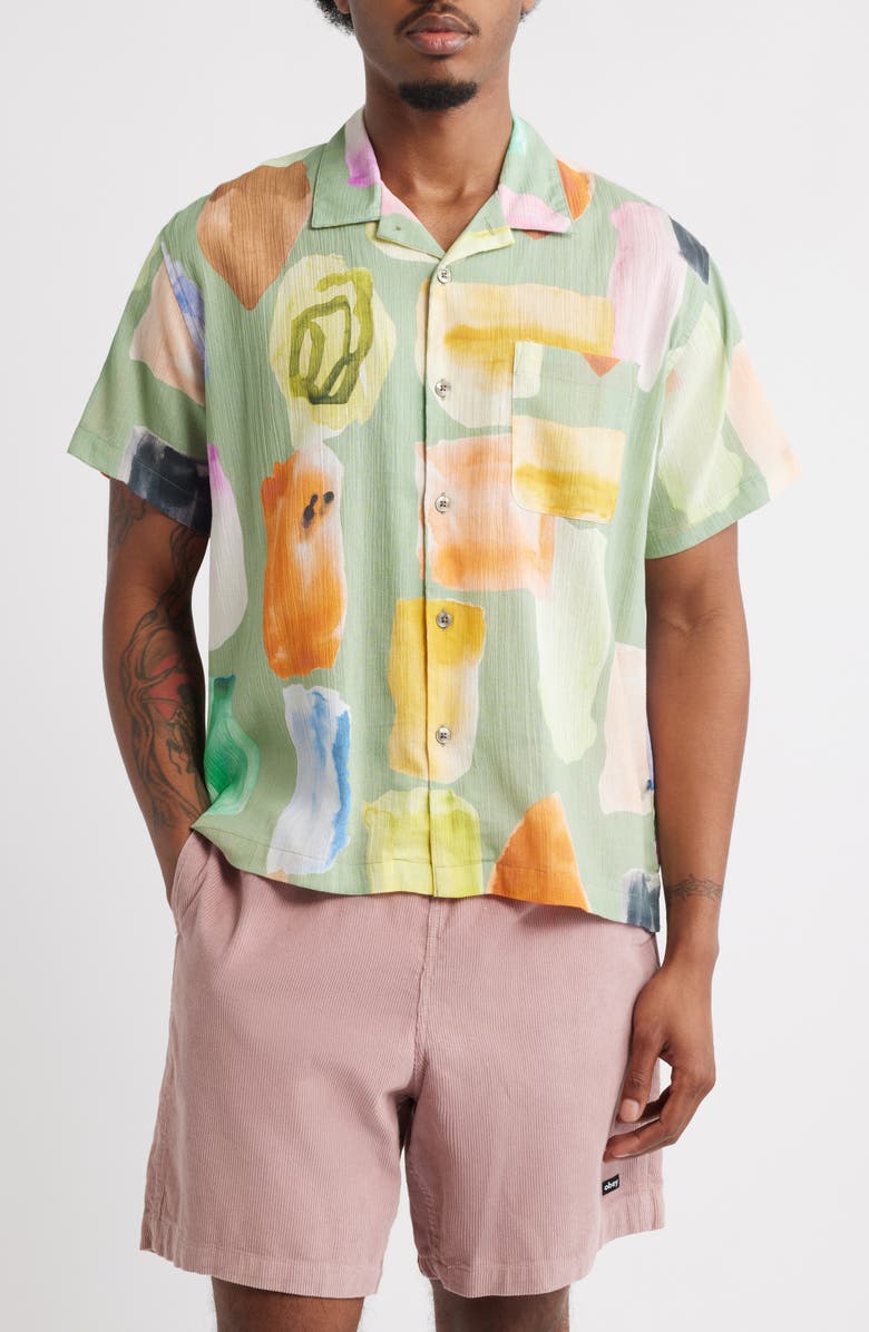 Obey Jems Abstract Print Cotton Seersucker Camp Shirt, Main, color, Lily Pad Multi