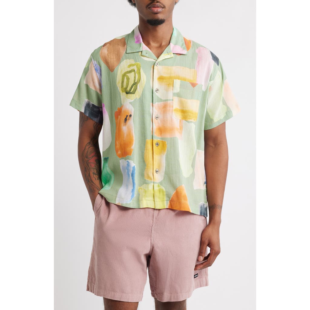 Obey Jems Abstract Print Cotton Seersucker Camp Shirt In Green