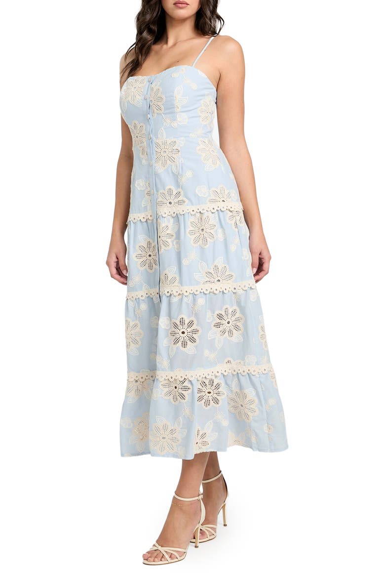 Tabitha Floral Embroidered Tiered Cotton Sundress, Alternate, color, BLUE