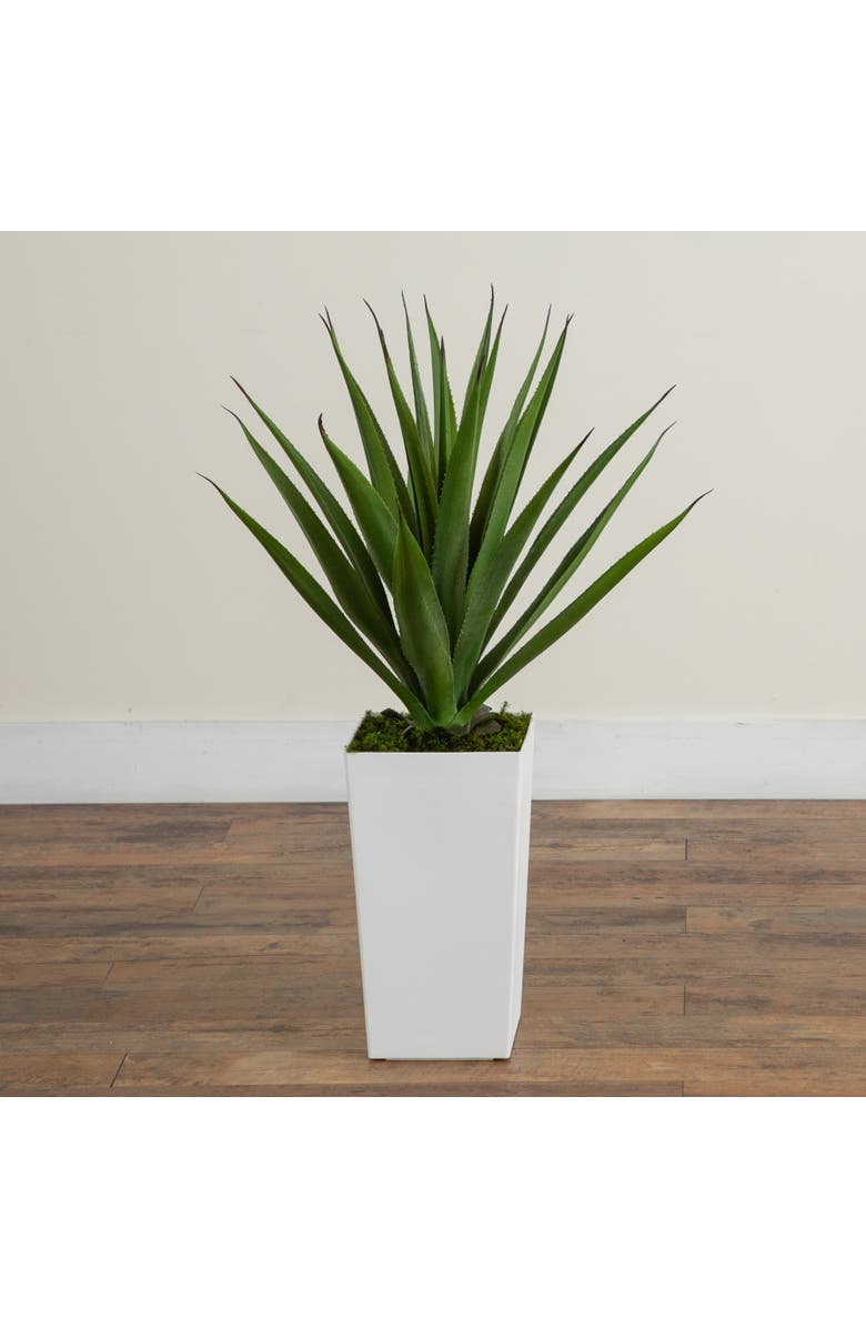 NEARLY NATURAL 27-in UV Resistant Artificial Agave Plant in White Tower Planter, Alternate, color, Green
