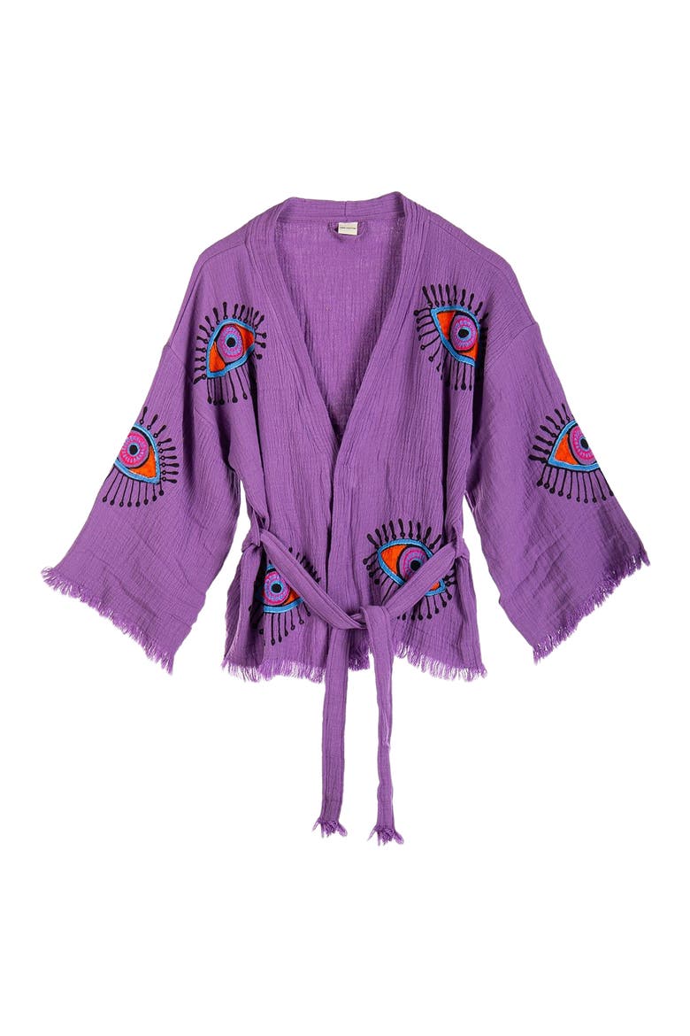 Sereia Evil Eye Handmade Cotton Short Robe Cover-Up, Main, color, Purple