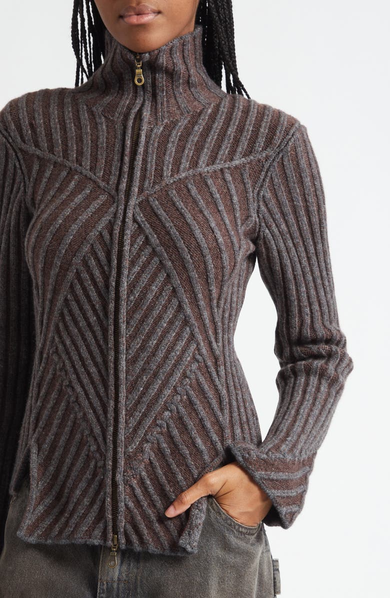 Paolina Russo Warrior Rib Merino Wool Blend Cardigan, Alternate, color, Grey/ Brown
