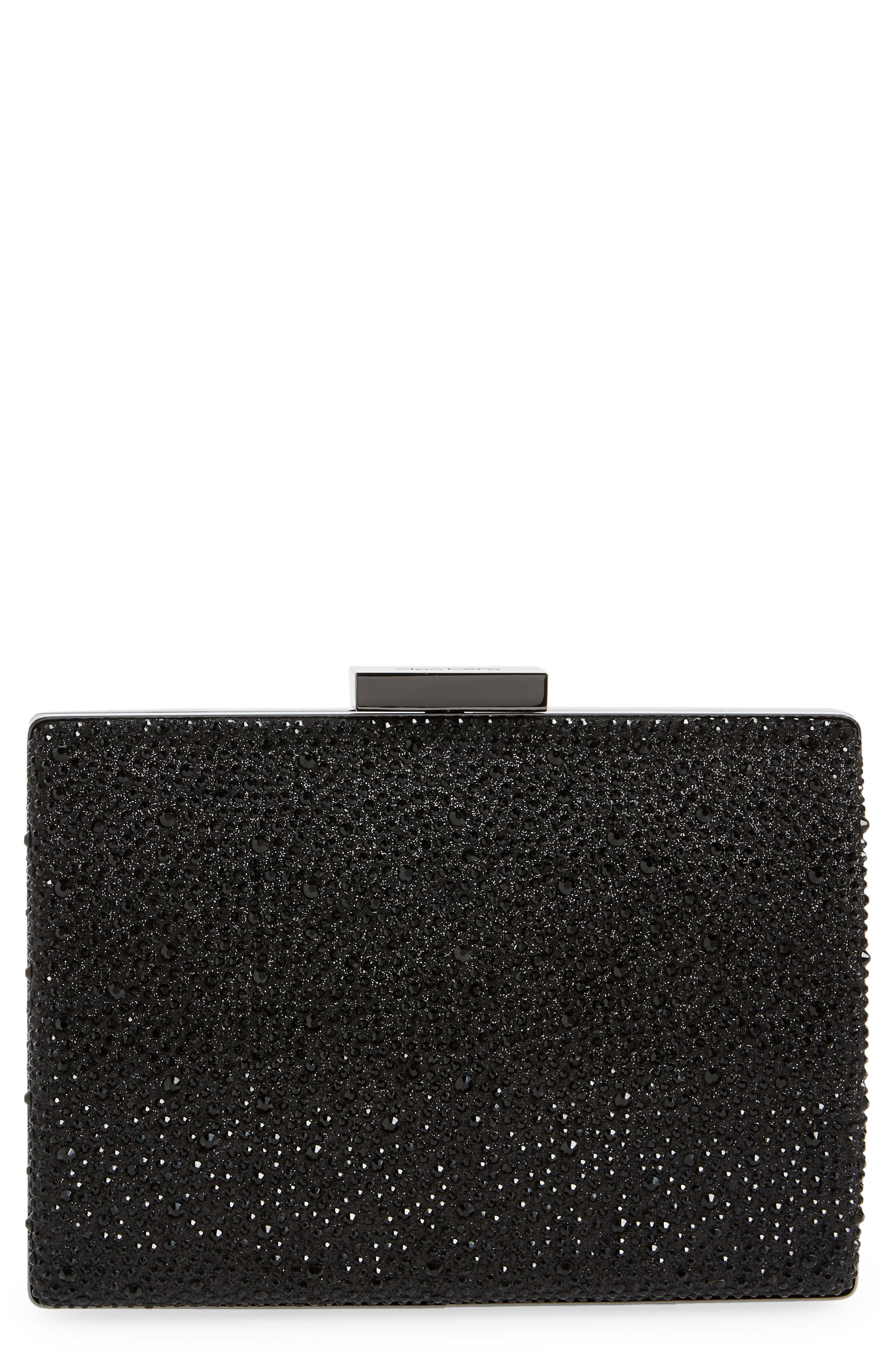 Olga Berg Gabby Metallic Hot Fix Crystal Clutch, Main, color, Black
