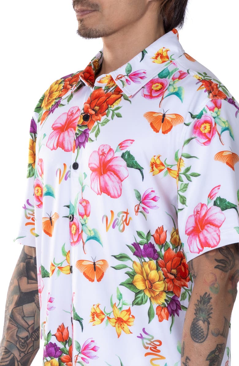 VAST Floral Watercolor Short Sleeve Performance Button-Up Shirt, Alternate, color, Red Multi