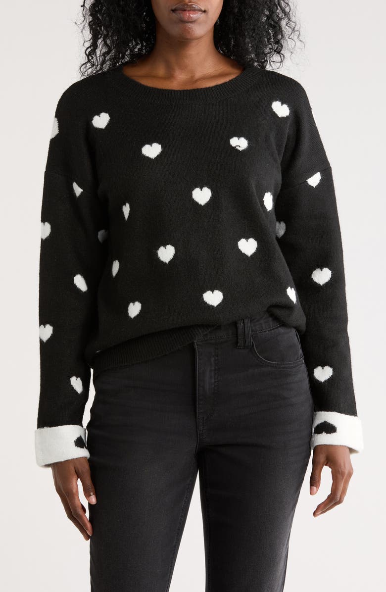 Bobeau Scattered Heart Pullover Sweater, Main, color, Black/ Ivory
