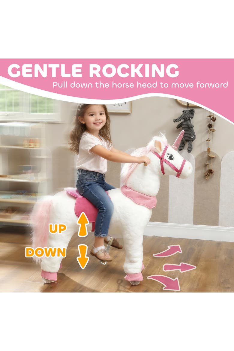 Ride on Unicorn Toy for Kids Plush Baby Rocking Horse Mechanical Walking Animal with Wheels No Batteries Required, Alternate, color, White