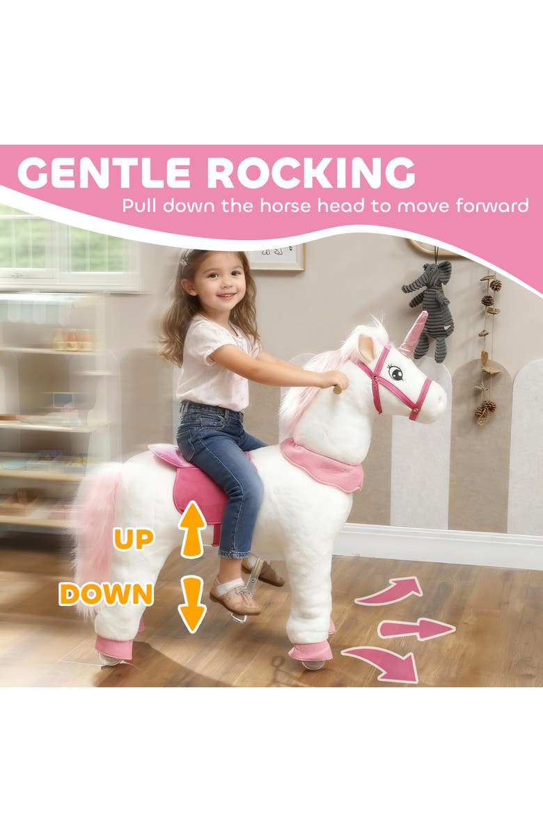 Qaba Ride on Unicorn Toy for Kids Plush Baby Rocking Horse Mechanical Walking Animal with Wheels No Batteries Required, Alternate, color, White