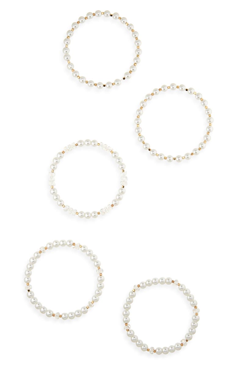 Tasha Set of 5 Faux Pearl & Crystal Beaded Stretch Bracelets, Main, color, Ivory/ Crystal