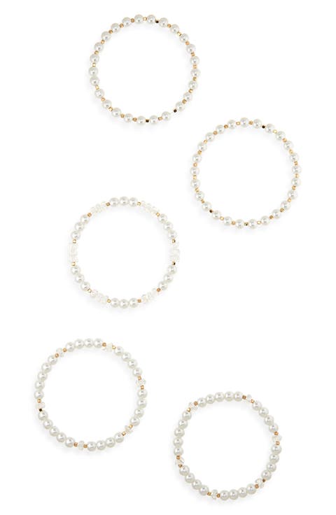 Set of 5 Faux Pearl & Crystal Beaded Stretch Bracelets