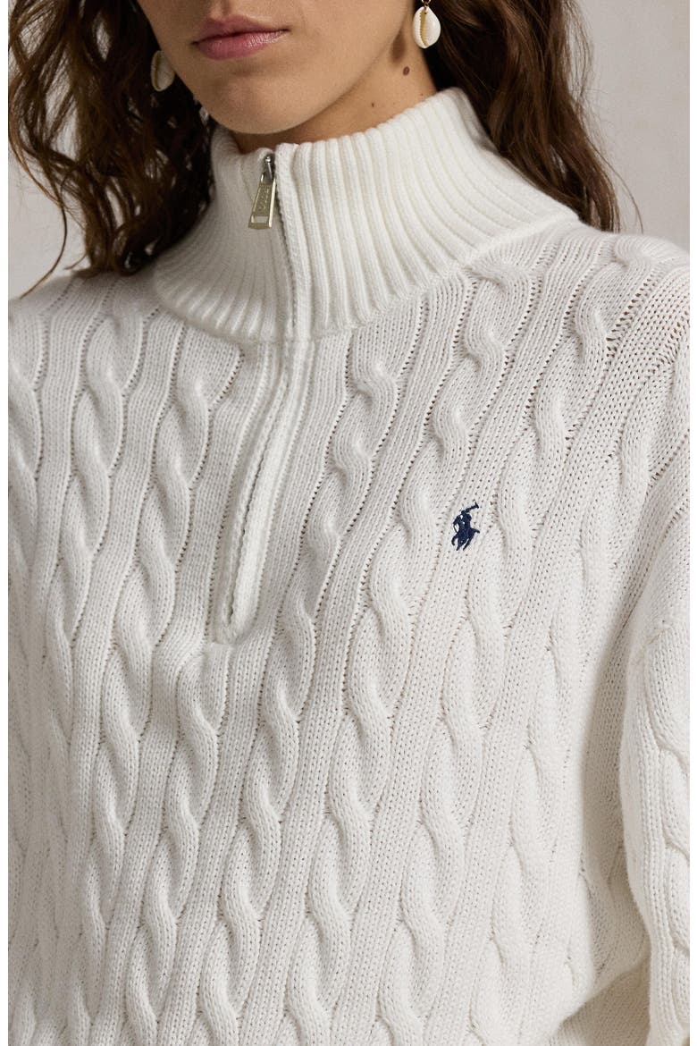 Cable Knit Cotton Polo Sweater, Alternate, color, WHITE