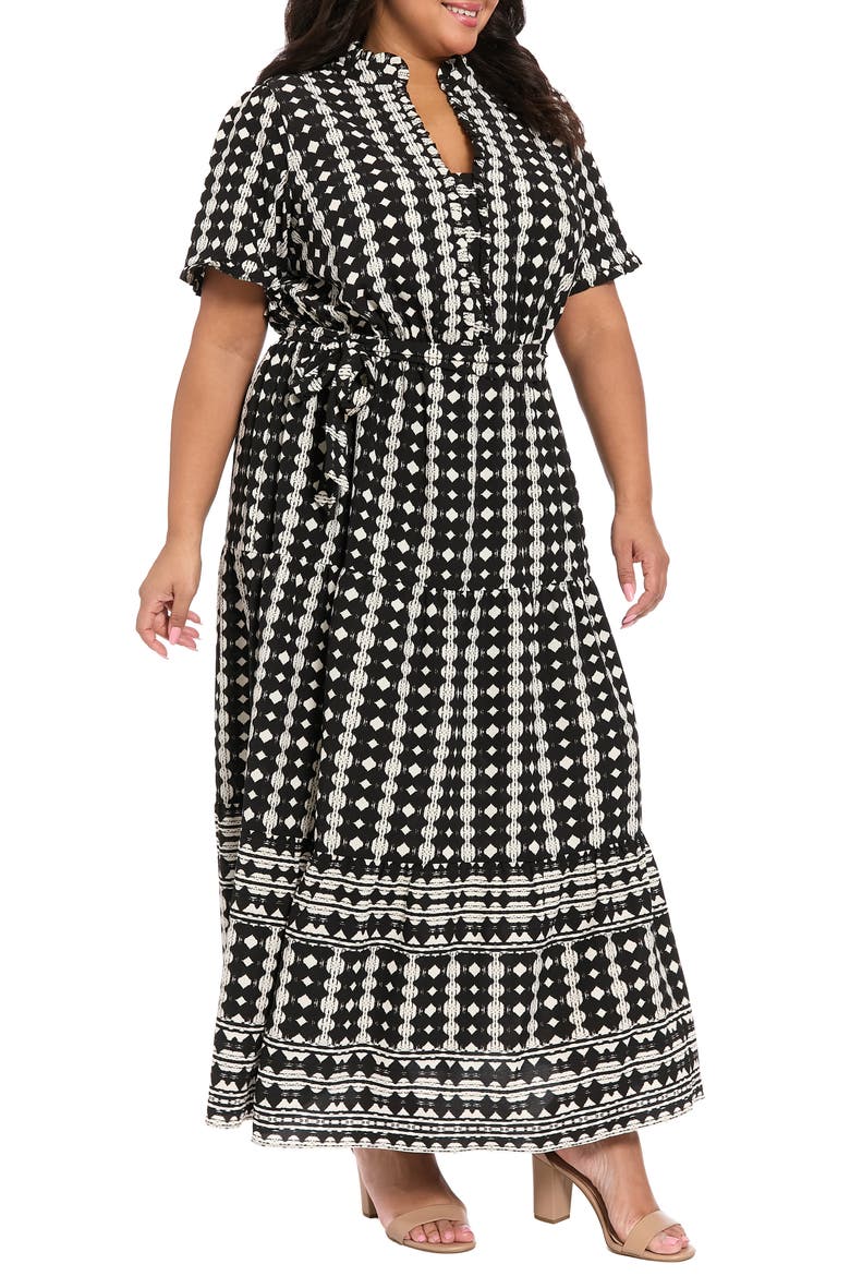 Ruffle Neck Geometric Print Tiered Dress, Alternate, color, BLACK/ SOFT WHITE