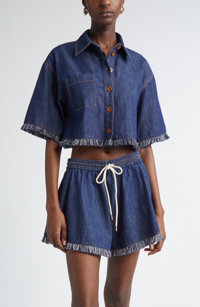 Zimmermann Rhiannon Fringe Trim Crop Denim Shirt, Main, color, Atlantic