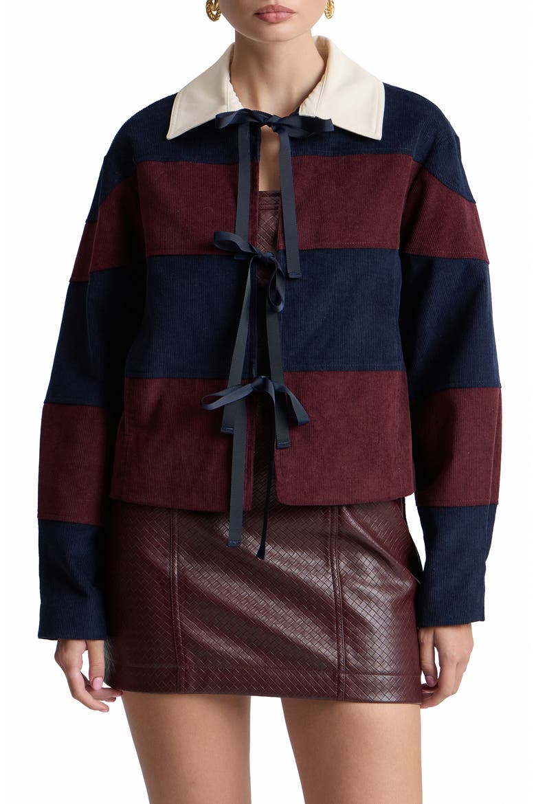 Striped Corduroy Rugby Jacket with Front Ties, Main, color, NAVY/ BURGUNDY