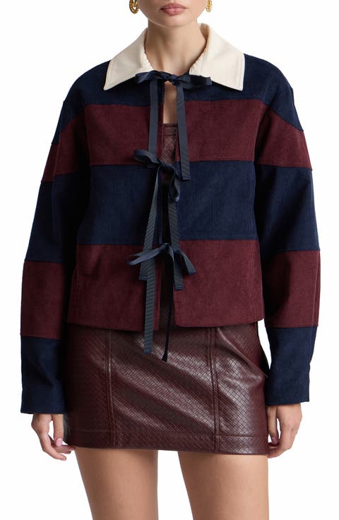 Striped Corduroy Rugby Jacket with Front Ties