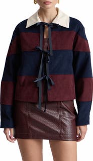 Avec Les Filles Striped Corduroy Rugby Jacket with Front Ties