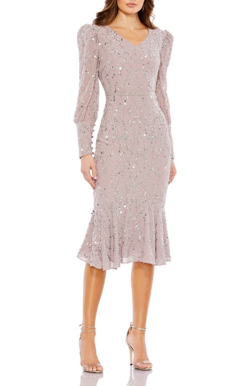 Mac Duggal Sequined V Neck Illusion Long Sleeve Trumpet Dress In Vintage Lilac