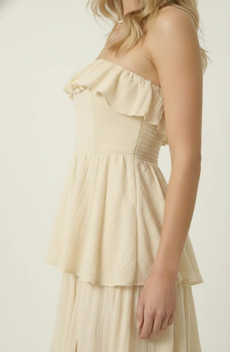 Modenaire Strapless Tiered Ruffle Maxi Dress with High Slit, Alternate, color, Cream