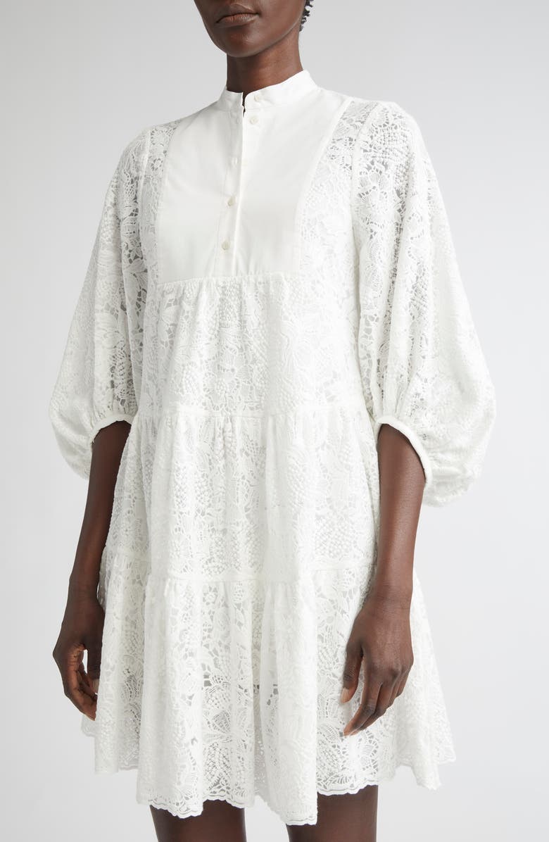 Erdem Long Sleeve Tiered Lace Minidress, Alternate, color, Ivory