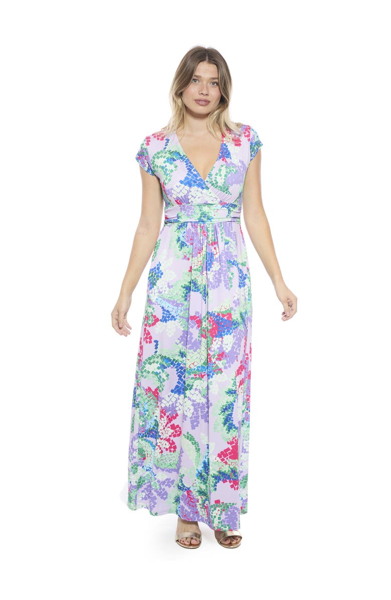 24seven Comfort Apparel Womens Abstract V-Neck Cap Sleeve Side Slit Pocket A-Line Maxi Dress, Main, color, Purple Multi