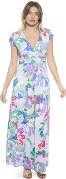 24seven Comfort Apparel Womens Abstract V-Neck Cap Sleeve Side Slit Pocket A-Line Maxi Dress
