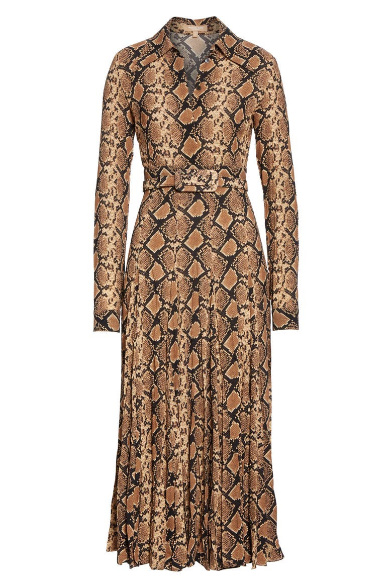 Belted Long Sleeve Crushed Georgette Shirtdress, Alternate, color, SUNTAN/ BLACK