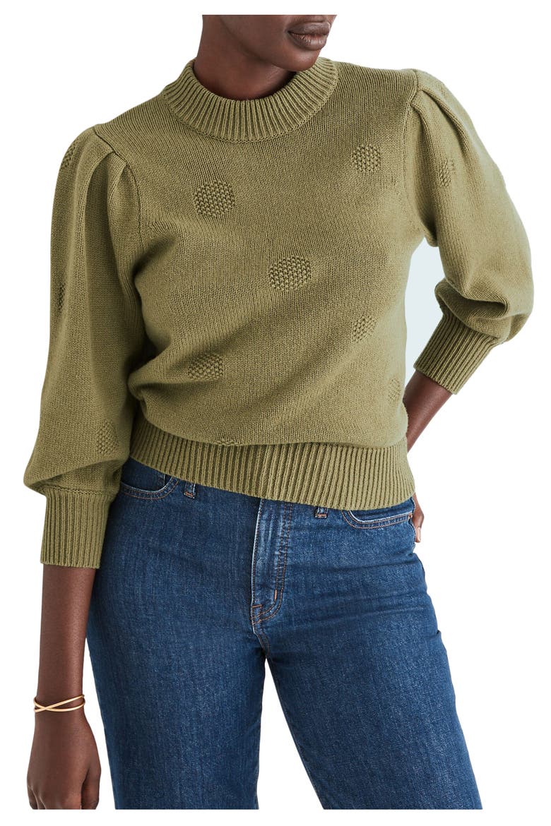 Eaton Dotted Puff Sleeve Cotton & Merino Yarn Pullover Sweater, Main, color, VINTAGE MOSS