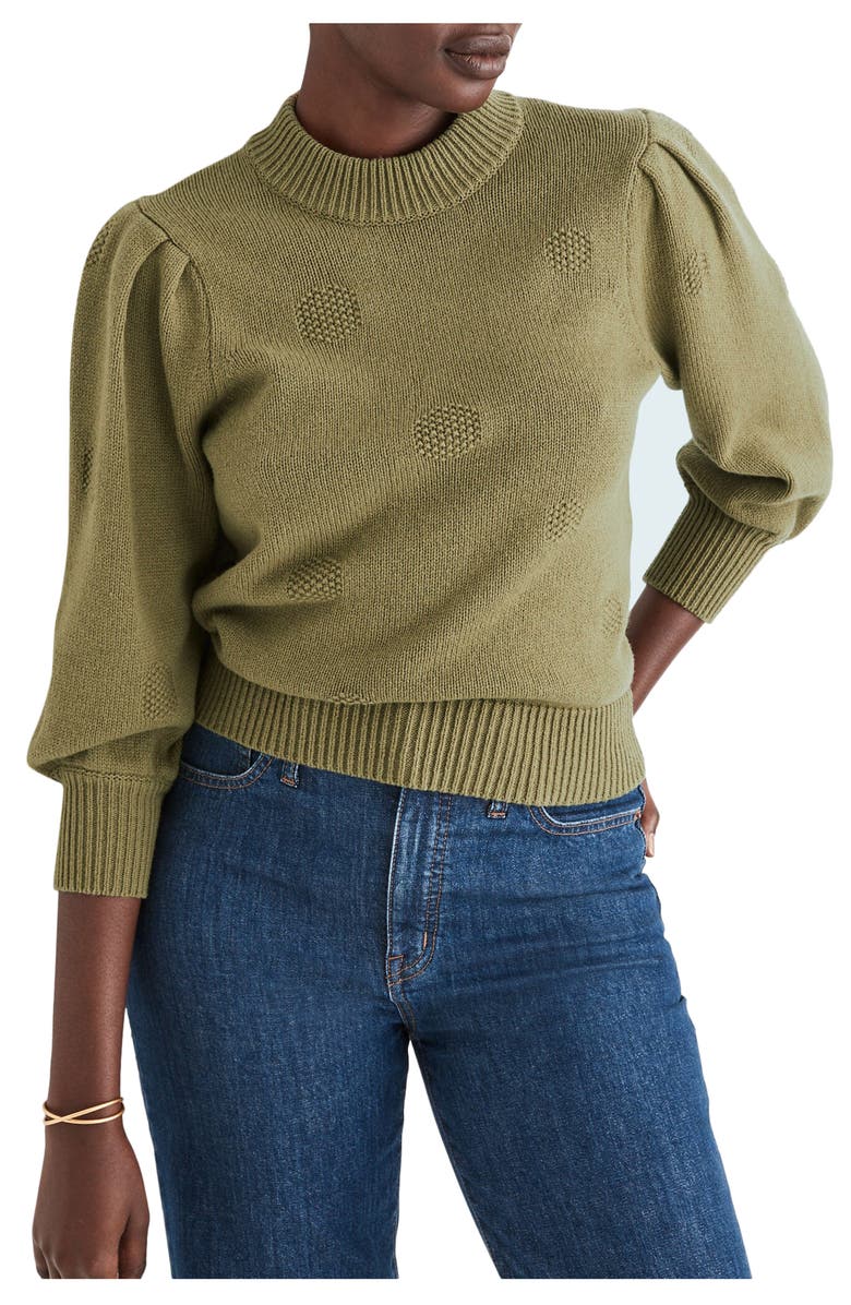Madewell Eaton Dotted Puff Sleeve Cotton & Merino Yarn Pullover Sweater, Main, color, 