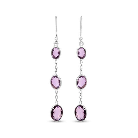 Silver Checkerboard Oval Purple Amethyst 2" Inch Drop and Dangle Earrings