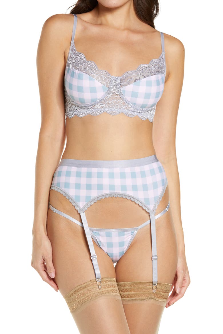 Gingham Underwire Bra, Garter Belt & G-String Set, Main, color, PINK