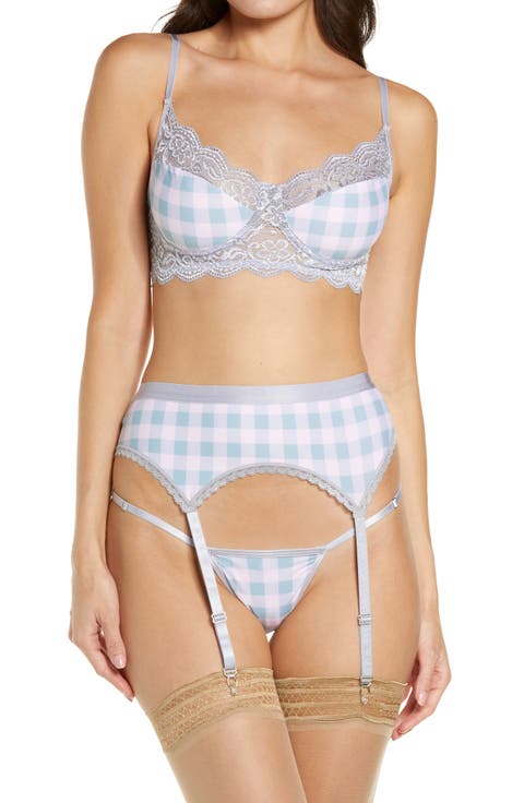 Gingham Underwire Bra, Garter Belt & G-String Set