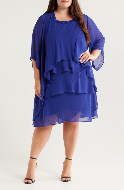 Beaded Tiered Chiffon Cocktail Dress with Jacket (Plus)