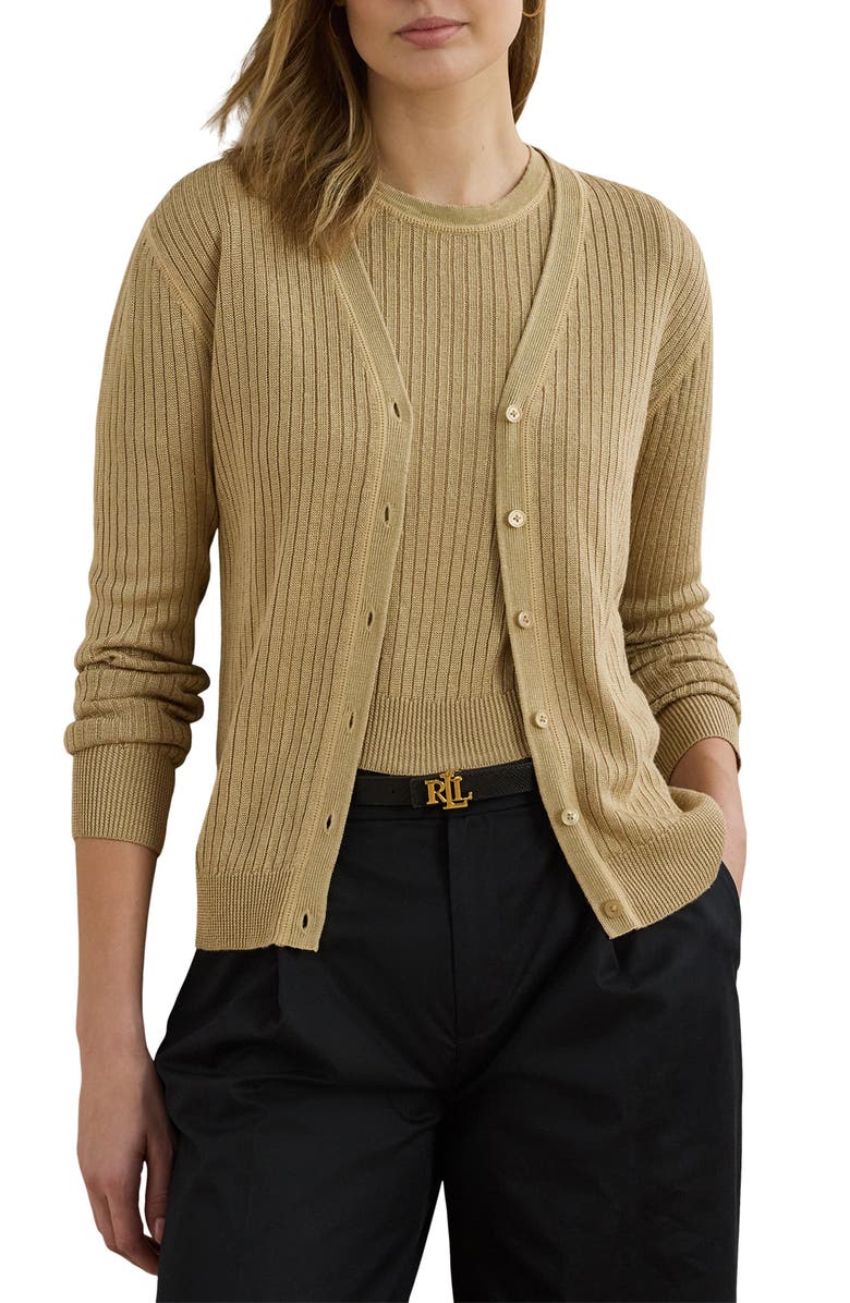 Lauren Ralph Lauren Linen Blend Rib Cardigan, Main, color, Birch Tan